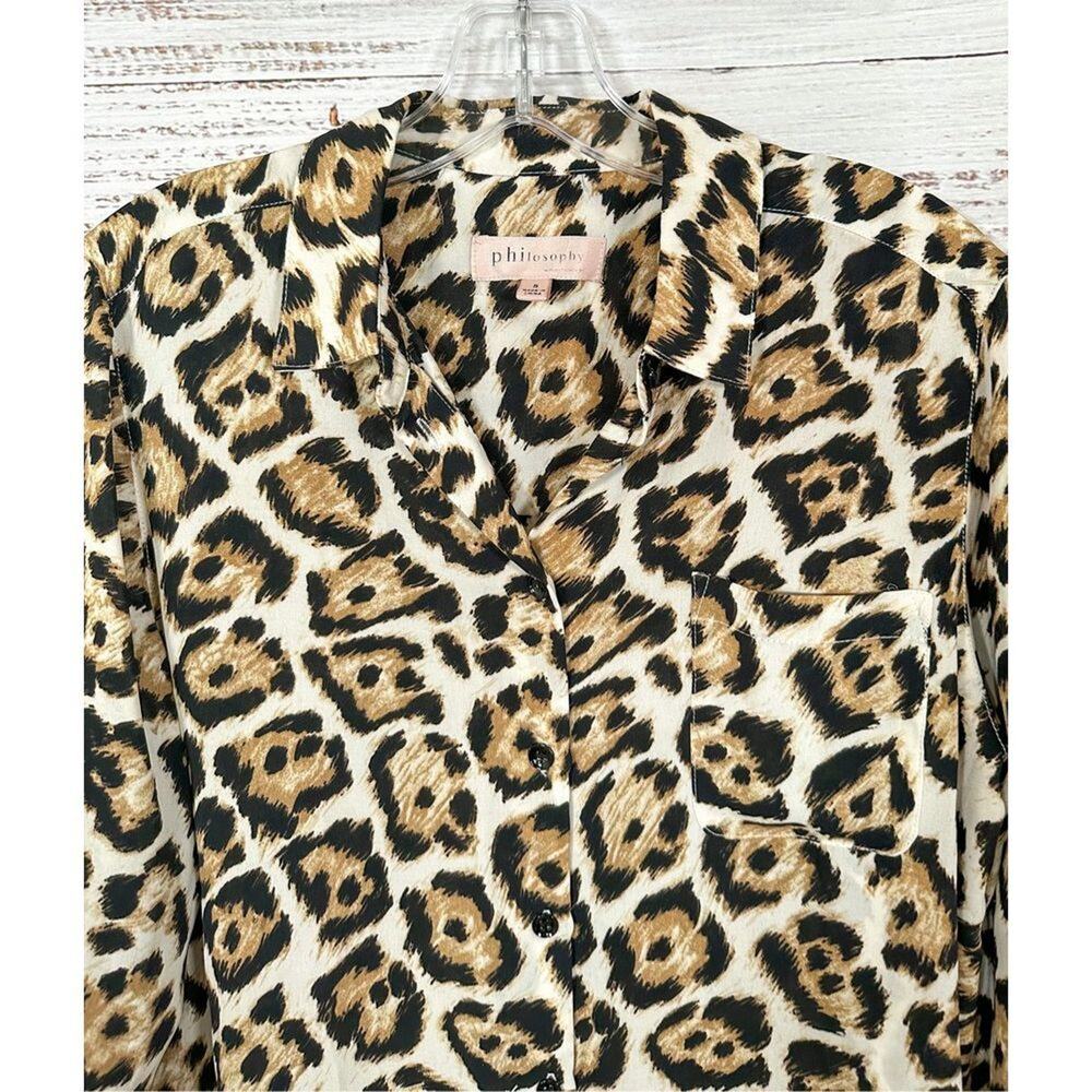 Philosophy Womens Leopard Print Collared Button-Up Blouse Brown Black Size Small - Picture 2 of 12
